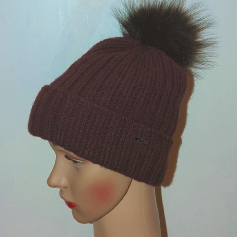 Ribbed Beanie Hat Purple w/ Velvety Lining Deep Plum Eggplant | Black Pom Warm